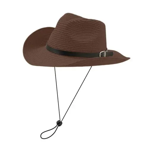 Produktbild: Xiuyer Cowboyhut Strohhut Damen Herren Sonnenhut Sommer Strandhut Westernhut Panama Hut Unisex Cowboy Hut Faltbar Strohhut Krempe Sommerhut (Kaffee)