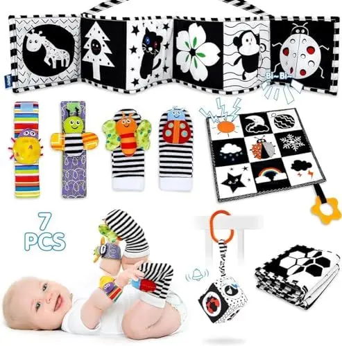 Produktbild: XIXILAND Kontrast Spielzeug Baby 7pcs Baby Spielzeug 0-6 Monate, Neugeborenen Spielzeug mit Schwarz Weiss Stoffbuch, Socken, Rassel, Tummy Time Toys für 0 3 6 9 12 Monate Jungen Mädchen