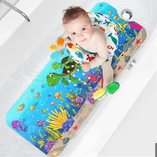 Produktbild: XIYUNTE Badewannenmatte rutschfest Kinder - 100% BPA frei, Extra Komfortabel Antirutschmatte Badewanne Antibakteriell, 100x40cm Baby Duschmatte mit Saugnäpfen & Maschinenwaschbar, Schildkröte