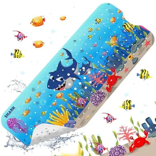 Produktbild: XIYUNTE Badewannenmatte rutschfest Kinder - 100% BPA frei, Extra Komfortabel Antirutschmatte Badewanne Antibakteriell, 100x40cm Baby Duschmatte mit Saugnäpfen & Maschinenwaschbar, Hai