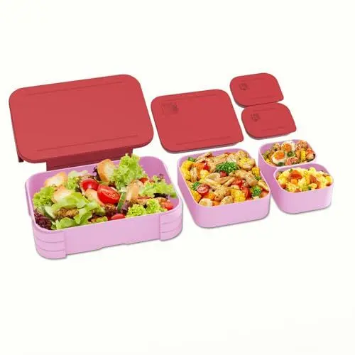 Produktbild: XJIANFU Brotdose Kinder mit Fächern, Auslaufsichere 3 In 1 Bento-Box, Kinder-Lunchbox,Auslaufsicher Fächern,Jausenbox Brotbox für,Mädchen & Jungen,Mikrowelle/spülmaschinenfest(Pink)