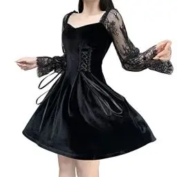 Produktbild: XKBHYD Abendkleider Cocktailkleid Damen Velours Gothic Kleid Langarm Puffärmel Minikleider Spitze Halloween Kleid Schwarz S