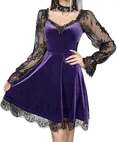 Produktbild: Gothic-Minikleid mit Klappkragen für Damen, A-Linie, Punk-Druck, kurze Ärmel, Schaukel, Everak, Cocktailkleid, Lolita-Kleid, Con, 1-violett, X-Large