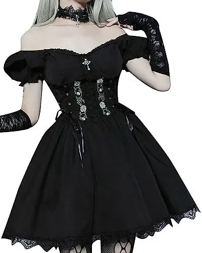 Produktbild: XKBHYD Gothic Kleid Damen Schulternfrei Kurze Ärmel Minikleid Hohe Taille Empire-Taille Schlanke Passform Spitze Party Kleid