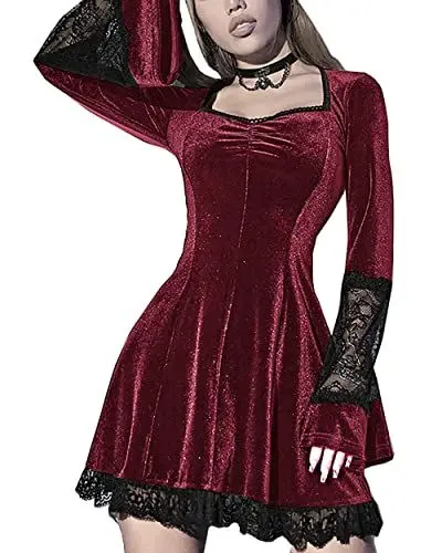 Produktbild: XKBHYD Abendkleider Elegant für Hochzeit Sexy Minikleid Frauen Langarm Schlaghosen Spitze Abendkleider Gothic Plissiert Kleid Rot L