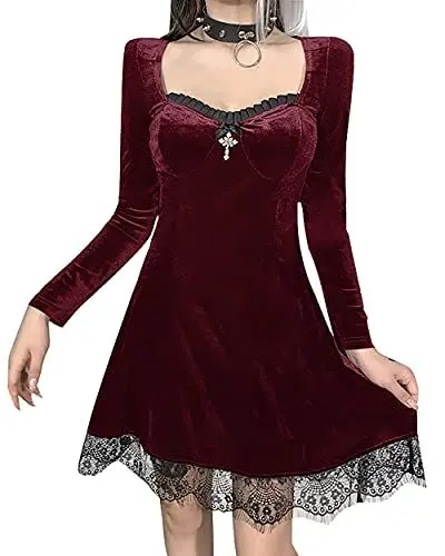 Produktbild: XKBHYD Kleid Damen Elegant Langer Ärmel Viereckiger Ausschnitt Spitzenbesatz Samt Minikleider Lässig Gothic Partykleid Rot M