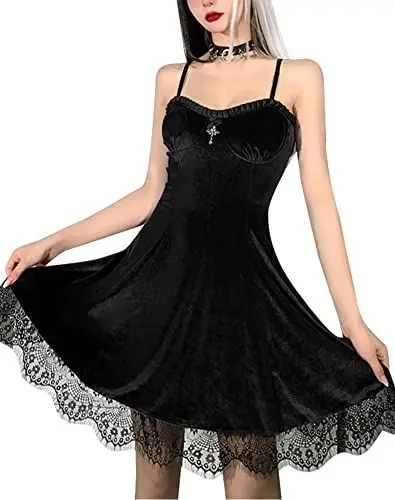 Produktbild: XKBHYD Kleid Damen Elegant Sexy Slip-Kleid Gothic Ärmellos Kurz Party Kleid Samt Spitzenbesatz Festlich Kleider Schwarz M