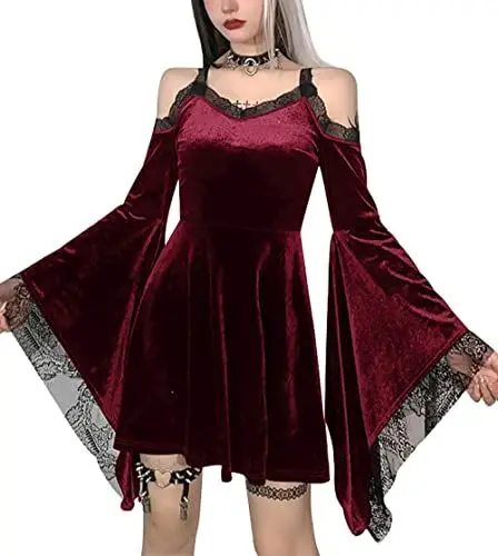 Produktbild: XKBHYD Samt Minikleid Kalte Schulter Lange Schlaghülse Spitzenbesatz Velours Herbst Winter Freizeitkleider Gothic Party Kleid Rot S