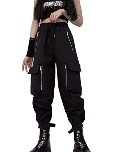 Produktbild: XKBHYD Schwarz und Weiß Multi-Pocket Cargohose Damen Hohe Taille Jogginghose Gerades Bein Hose, 1 x schwarze Hose, X-Groß