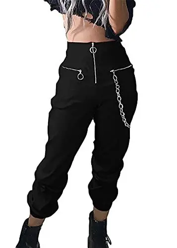 Produktbild: XKBHYD Schwarz und Weiß Multi-Pocket Cargohose Damen Hohe Taille Jogginghose Gerades Bein Hose, Schwarz, X-Groß