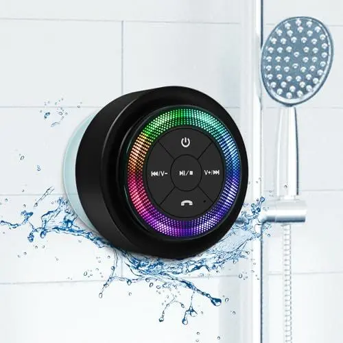 Produktbild: Xleader Mate Dusche Bluetooth Lautsprecher klein, Zertifiziert IPX7 Wasserdicht Bluetoothbox, Mini Music Box Lautsprecher Mit Licht, Saugnapf und Mikrofon, Kristall Sound und Bass, Musikbox Geschenk