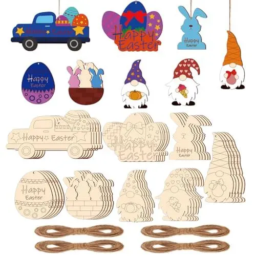 Produktbild: Xlong 40 Stück Osteranhänger aus Holz,Osteranhänger aus Holz Selber Bemalen,Ostern Anhänger Holz,Deko Anhänger Holz Ostern,Ostern Basteln Holz,Holz Bastelset Kinder,Holzfiguren zum Basteln Ostern