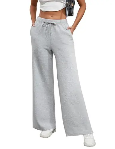 Produktbild: Xnova Hosen Damen mit Geradem Bein Yogahose, Lounge Jogginghose Kordelzug Breites Bein Freizeithose Hohe Taille, Bequem Viskose Hose Sweatpants Dehnbar Homewear Sporthose mit Taschen (Grau, L)