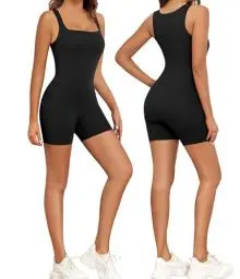 Produktbild: Xnova Jumpsuit Damen Ärmellose Stretch, Kurz Romper Eng Quadratischer Ausschnitt Bodycon, Yoga Workout Bodysuit Shorts (Schwarz, L)