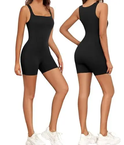 Produktbild: Xnova Jumpsuit Damen Ärmellose Stretch, Kurz Romper Eng Quadratischer Ausschnitt Bodycon, Yoga Workout Bodysuit Shorts (Schwarz, L)
