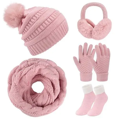 Produktbild: Xnova Wintermütze Damen Fleece Gefütterte Schal Handschuhe Ohrenwärmer und Socken Set 5 in 1, Warme Winddicht Touchscreen Handschuhe Strickset Combo Winterzubehör Geschenke Für Frauen(Rosa)