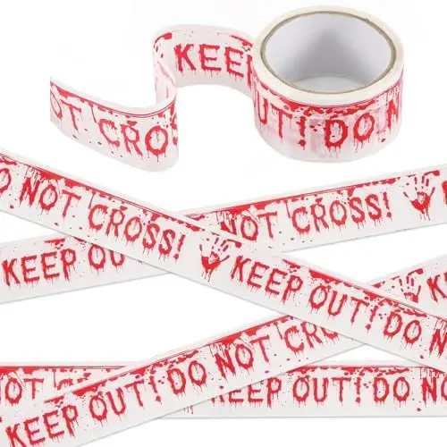 Produktbild: FENGCHUANG 4,8cm*25m Halloween Warnband mit Klebrigkeit, Warnklebeband Bitte Nicht Eintreten für Gefahrenzone, Horror Absperrband Halloween Deko Outdoor Garten Dekorationen
