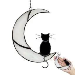 Produktbild: XoeLLe Schwarze Katzen Dekoration Auf Weißem Mond Halloween Deko Outdoor, Halloween Ornament Dekoration Gedenkgeschenk Katze, Hängende Sonnenfänger für Fenster Paneele