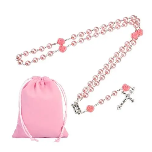 Produktbild: XoeLLe Kreuz Rosenkranz, Holy Mary Orthodoxes Kreuz, Kreuz Kette, Rosenkranz Kette mit Samt Geschenkbeutel, Kommunion Geschenke für Mädchen, Katholische Christen Religiöse Kommunion, Taufe (Rosa)