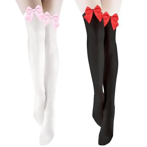 Produktbild: XOKL 2 Paar Schleife Oberschenkelstrümpfe Damen Overkneestrümpfe Kniestrümpfe Oberschenkelstrümpfe Kniestrümpfe Strümpfe für Damen (Schwarz/Weiß)