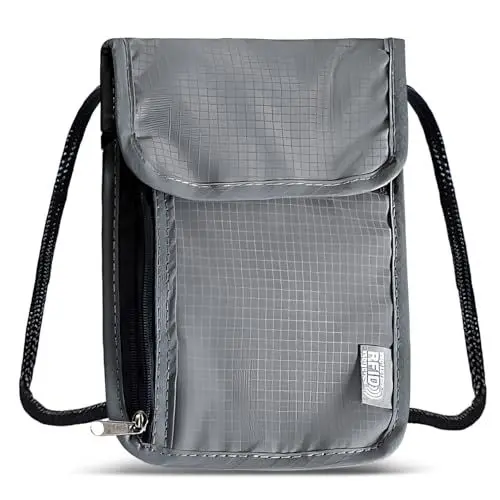Produktbild: Reisegeldbörse, Reisepasshülle, Reisebrieftasche, Reisebrieftasche, Reisepasshülle mit RFID-Blockierung, Diebstahlschutz-Brusttasche für Männer und Frauen (grau)