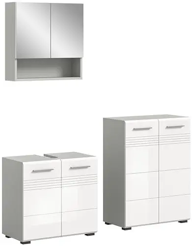 Produktbild: xonox.home Badezimmer Copa 3tlg. Kombination Badmöbel Set kleine Bäder Komplettprogramm Bademöbel-Set in Front weiß Hochglanz tiefzieh Korpus hellgrau Nb.