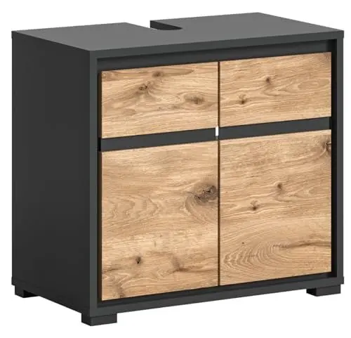 Produktbild: xonox.home Badezimmer Jaru Waschbeckenunterschrank Schrank Unterschrank Front in Front Nox Oak Nb. Korpus anthrazit Nb. Abs. schwarz Nb.ca. 60x55x34 cm