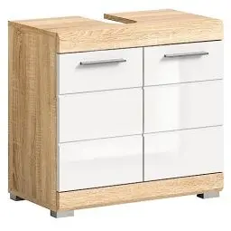 Produktbild: xonox.home Badezimmer Lambada X06F1705 Waschbeckenunterschrank Unterschrank Schrank in Front weiß Hochglanz Korpus Sonoma Eiche hell ca. 60x56x34 cm