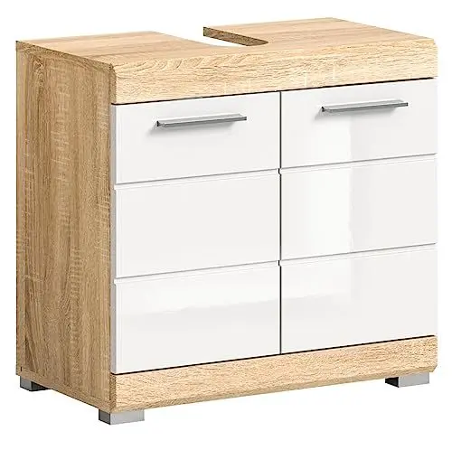 Produktbild: xonox.home Badezimmer Lambada X06F1705 Waschbeckenunterschrank Unterschrank Schrank in Front weiß Hochglanz Korpus Sonoma Eiche hell ca. 60x56x34 cm