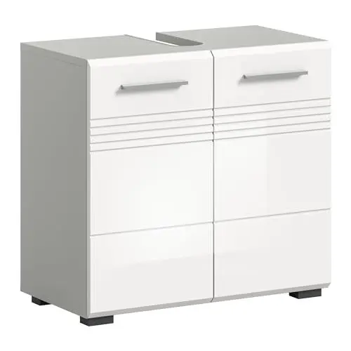 Produktbild: xonox.home Badezimmer Copa Waschbeckenunterschrank Badunterschrank Waschbecken Unterschrank Schrank in Front weiß Hochglanz tiefzieh Korpus Hellgrau, ca.60x56x32 cm mit Regal