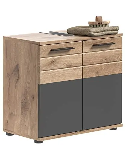 Produktbild: xonox.home Badezimmer Mason Waschbeckenunterschrank Badunterschrank Waschbecken Unterschrank Schrank Waschtisch Unterschrank in Front Basalt grau Nb. Korpus Nox Oak Nb.ca.60x56x34cm
