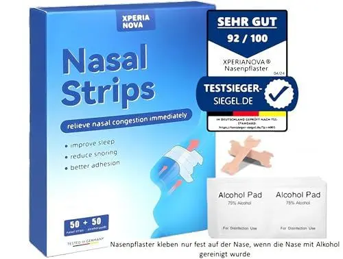 Produktbild: XperiaNova® Nasenpflaster + Alkoholpads (jeweils 50 Stück), extra stark, Nasenspreizer, Nasenstrips, Schnarchen, besser schlafen, Schnarchpflaster, Nasentape, verstopfte Nase, Heuschnupfen