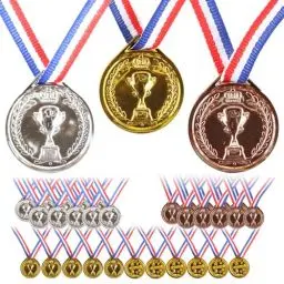 Produktbild: XPJBKC 30 Stück Medaillen Kinder, Medaille Plastik mit Band und Trophäe, Golden Silber Bronze Medaillen Kindergeburtstag, Super Medaille Kinder für Olympia Sport Wettkämpfe Partys Deko