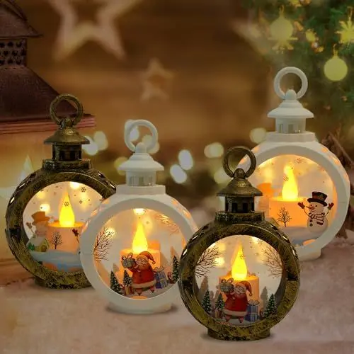 Produktbild: XPJBKC 4 Stück Weihnachtslaterne, Weihnachtsdeko Laterne Weihnachten mit LED Licht, Beleuchtete Windlicht Weihnachten, Flammenlose Weihnachtskerzen Weihnachten Deko für Garten Balkon Innen Außen