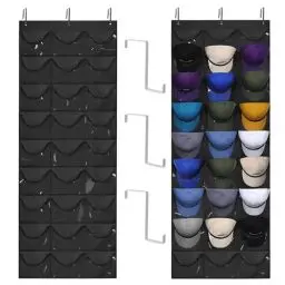 Produktbild: XPJBKC Cap Halter, Baseball Kappen Halterung mit 24 Taschen, Cap Organizer mit 3 Metallhaken Cap, PVC Faltbar Kappenhalter Wand, Aufhängen Cap Halterung Schwarz