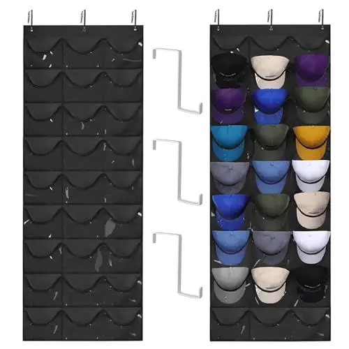 Produktbild: XPJBKC Cap Halter, Baseball Kappen Halterung mit 24 Taschen, Cap Organizer mit 3 Metallhaken Cap, PVC Faltbar Kappenhalter Wand, Aufhängen Cap Halterung Schwarz