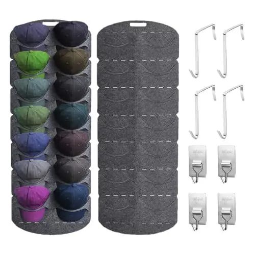 Produktbild: XPJBKC 2 Stück Cap Halter, Doppelte Reihe Cap Halterung wand mit 28 Taschen und 8 Haken, Faltbar Baseball Kappenhalter Wand, Cap Organizer Aufbewahrung Hutständer, Hängende Hut Organizer Tür Rückwand