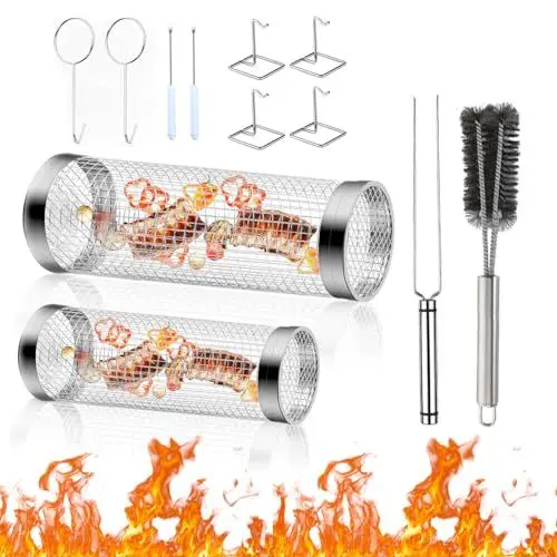 Produktbild: XPJBKC Grillkorb, 2 Stück 30CM x 9CM Zylindrischer Grillkorb Edelstahl, Grillkorb Gemüse mit Griff, Gabel, Haken, Halterung und Bürste, Rolling Grillkorb Rund für Außengrill Gemüse, Fleisch