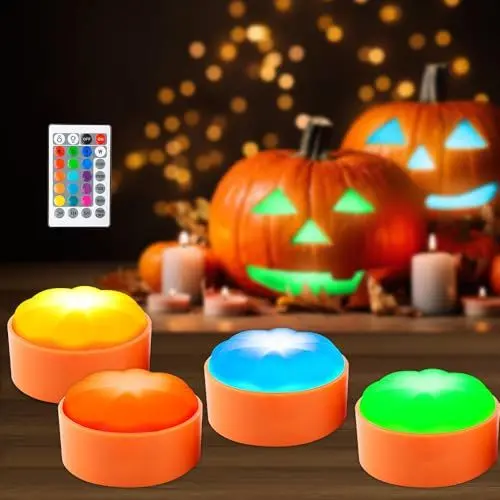 Produktbild: XPJBKC Halloween Kürbis LED Lichter, Halloween Deko Kürbis Lichter mit Remote Timer, Bunt Halloween Led Kürbis Beleuchtung, Flammenlose Kerzen Jack-O-Laterne Licht Batteriebetriebene