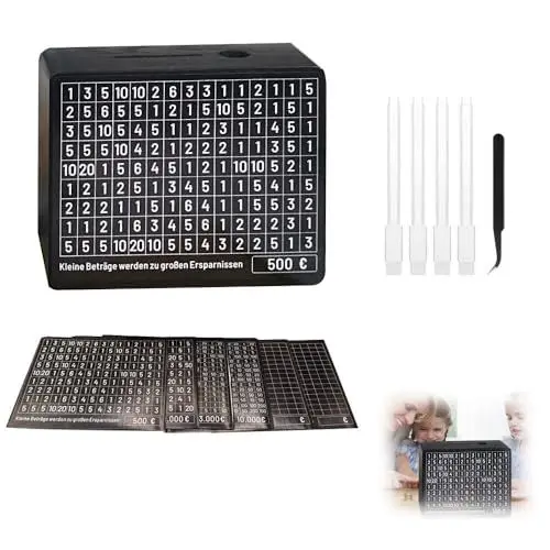 Produktbild: XPJBKC Holz Spardose, Sparbox mit Zahlen Ankreuzen, Spardose mit Zähler zum Ankreuzen, Wiederverwendbares Sparbox Sparschwein mit Sparziel, Spardose €10,000 €5,000 €3,000 €2,000 €1,000 €500 Euro