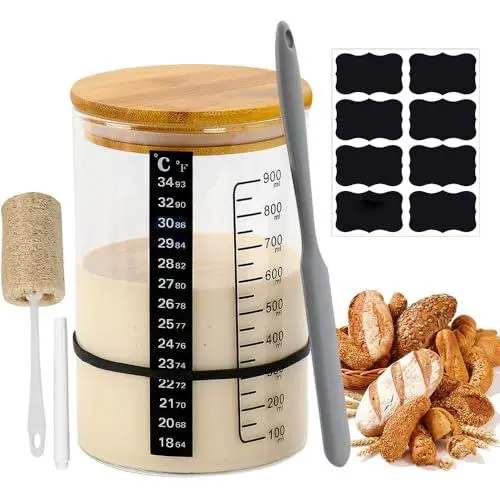 Produktbild: XPJBKC Sauerteig Starter Set, 900 ml Glass Sourdough Starter Kit, Sauerteig Glas Behälter mit Holzdeckel, Silikonspatel, Thermometerpapier, Reusable Gärglas Sourdough Starter Jar Backen Zubehör