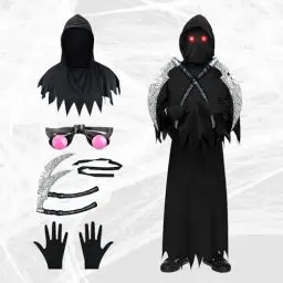 Produktbild: XPJBKC Sensenmann Kostüm Kinder, Halloween Kostüm Sensenmann Jungen mit Doppelsensen, Leuchtend Roten Augen, Handschuhe, Gruselige Spooktacular Creations Sensenmann für Halloween Cosplay Dekoration