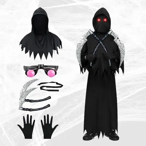 Produktbild: XPJBKC Sensenmann Kostüm Kinder, Halloween Kostüm Sensenmann Jungen mit Doppelsensen, Leuchtend Roten Augen, Handschuhe, Gruselige Spooktacular Creations Sensenmann für Halloween Cosplay Dekoration
