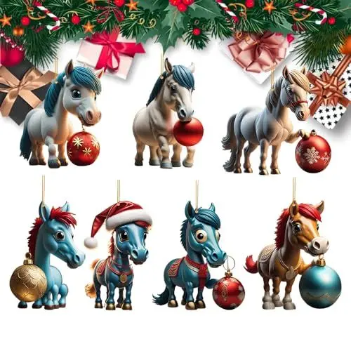 Produktbild: XPJBKC Weihnachtsbaum Pferde Anhänger, 7 Stück Acryl 2D Weihnachtsdeko Anhänger, Niedlicher Doppelseitiger Cartoon Drucken Pferde Christbaumschmuck Hängen Anhänger für Zuhause, Urlaub, Party