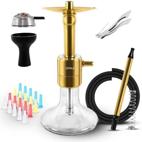 Produktbild: XPNLF Shisha Komplett set mit 1 Schläuchen,15.5'' Klein Shisha Kit mit Dreiblättriger Shisha Kopf,Shisha bowl aus Silikon mit sieben Löchern, Schöne Glasvase,Carbon Clip,20 Shisha Tips (Gold)