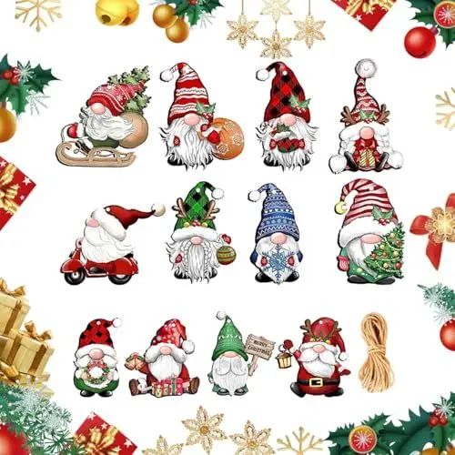 Produktbild: XQMMGO 24 Stück Weihnachtsbaumschmuck Weihnachten Anhänger Holz, Holz Weihnachten Anhänger, Weihnachtsmann Holz handgefertigte Dekorationen (Gnom-Anhänger)