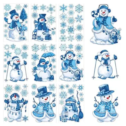 Produktbild: XQMMGO 9 Blatt Fensterbilder Weihnachten Selbstklebend, Wiederverwendbar PVC Doppelseitiger Aufkleber, Weihnachten Deko für Türen Schaufenster Vitrinen Glasfronten (Schneemann)