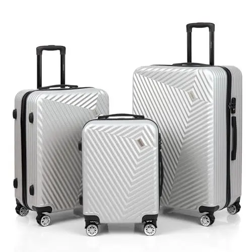 Produktbild: xRace 3-teiliges Kofferset ABS Hartschalenkoffer – 20/24/28 Zoll Handgepäck Trolley, 4 leise 360° Doppelrollen, TSA Schloss, stoßfest, platzsparend stapelbar, Premium Innenfutter (Silber)