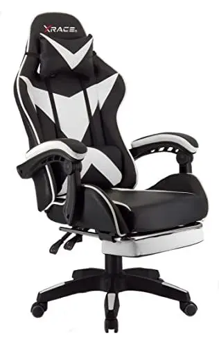 Produktbild: xRace Gaming Stuhl, Bürostuhl, Ergonomischer Pc Stuhl, Gaming Sessel aus Leder mit Lendenwirbelstütze, Verstellbarer Drehbarer, Task Stühle mit Fußstütze und Kopfstütze, Weiß