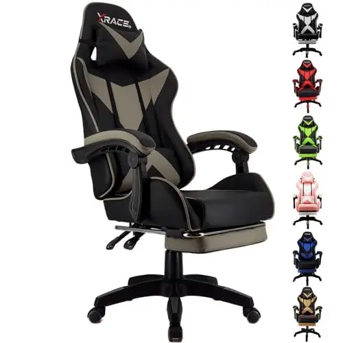 Produktbild: xRace Gaming Stuhl, Bürostuhl, Ergonomischer Pc Stuhl, Gaming Sessel aus Leder mit Lendenwirbelstütze, Verstellbarer Drehbarer, Task Stühle mit Fußstütze und Kopfstütze, Grau